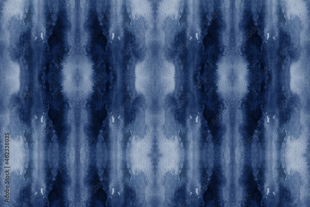 Fototapeta premium Modern watercolor kaleidoscopic indigo blue seamless pattern in batik, shibori or tie dye style.