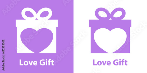 Banner con texto Love Gift con silueta de caja de regalo con corazón en espacio negativo para su uso en invitaciones y tarjetas de felicitación