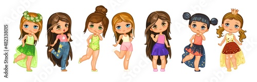 Cute little girl doll. Fun cartoon style. Set of characters in different clothes and poses. Object isolated on white background. Vector