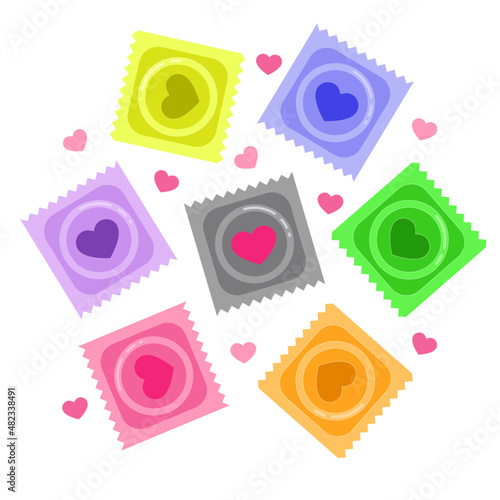 set of colorful condoms with hearts