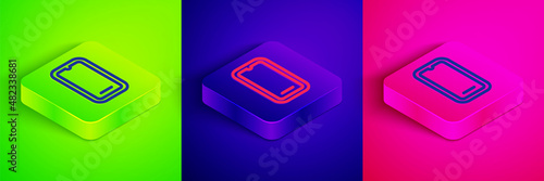 Isometric line Smartphone, mobile phone icon isolated on green, blue and pink background. Square button. Vector