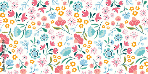 Flower pattern background border. Spring floral vector seamless repeat banner design.  © Anna Beatty