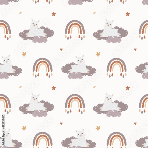Seamless vector pattern with llama (alpaca), rainbow, stars and clouds. Baby background for wrapping paper, greeting cards, design.