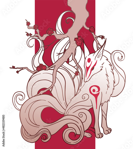 vector abstract illustration of japanese fantasy creature nine tailed fox kitsune with branch photo