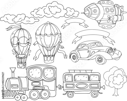 

Transport hot air balloon airship car train travel vacation holidays doodle sketch elements hand drawn vector illustration isolated on white background, coloring book for children
