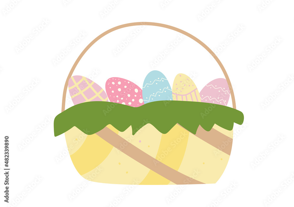 Fototapeta premium Vector easter basket with colorful eggs in flat hand drawn style isolated on white background
