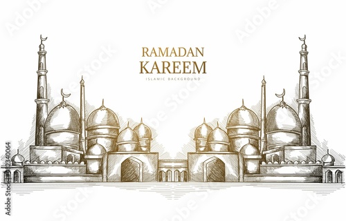 Hand drawn ramadan kareem and mosque sketch background