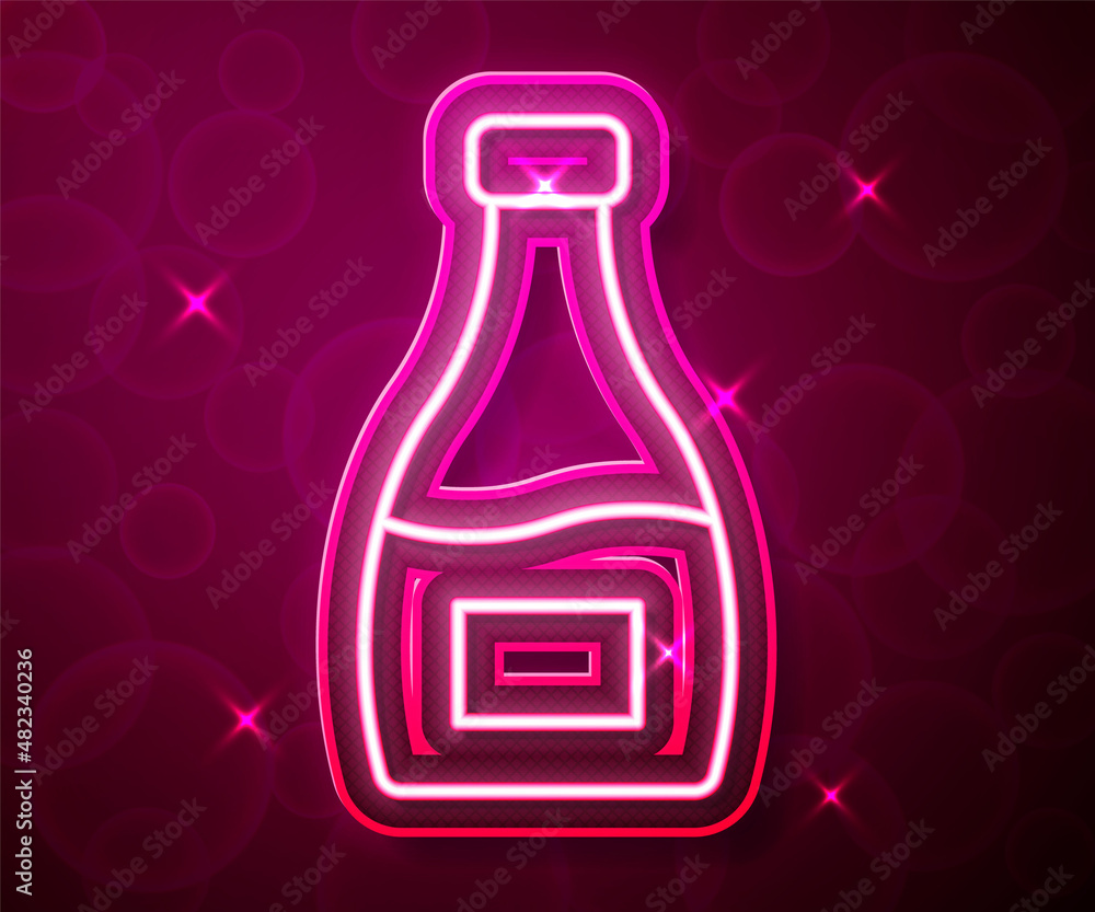 Glowing neon line Sauce bottle icon isolated on red background. Ketchup, mustard and mayonnaise bottles with sauce for fast food. Vector Glowing neon line Sauce bottle icon isolated on red background. Ketchup, mustard and mayonnaise bottles with sauce for fast food. Vector