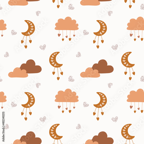 Lovely pattern with hearts, clouds, moon. Vector holiday background. Valentine's Day. Gift wrap, print, cloth, cute background for a card.