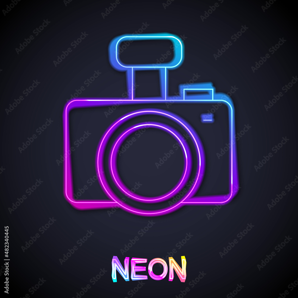 Glowing neon line Photo camera icon isolated on black background. Foto camera. Digital photography. Vector Glowing neon line Photo camera icon isolated on black background. Foto camera. Digital photography. Vector
