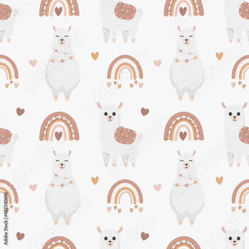Seamless vector pattern with llama (alpaca), hearts and rainbows. Baby background for wrapping paper, greeting cards, design.