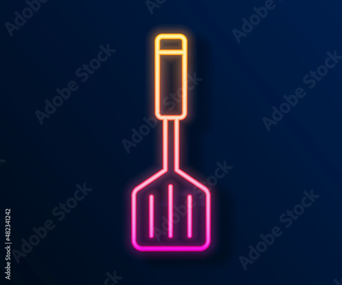 Glowing neon line Spatula icon isolated on black background. Kitchen spatula icon. BBQ spatula sign. Barbecue and grill tool. Vector