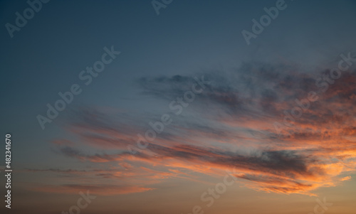 Sunset sky with orange clouds. Nature background.