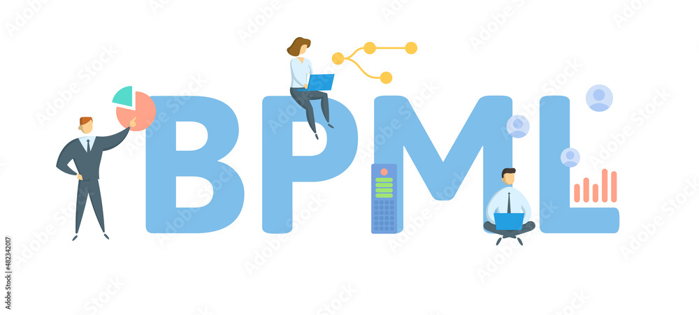 BPML, Business Process Modeling Language. Concept with keyword, people and icons. Flat vector illustration. Isolated on white. BPML, Business Process Modeling Language. Concept with keyword, people and icons. Flat vector illustration. Isolated on white.