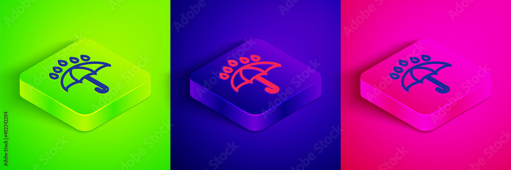 Isometric line Umbrella and rain drops icon isolated on green, blue and pink background. Waterproof icon. Protection, safety, security concept. Water resistant symbol. Square button. Vector Isometric line Umbrella and rain drops icon isolated on green, blue and pink background. Waterproof icon. Protection, safety, security concept. Water resistant symbol. Square button. Vector