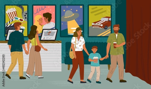People buying cinema tickets at self service terminal. Cinema and show entertainment industry concept vector illustration. Couple at movie ticket counter standing in queue