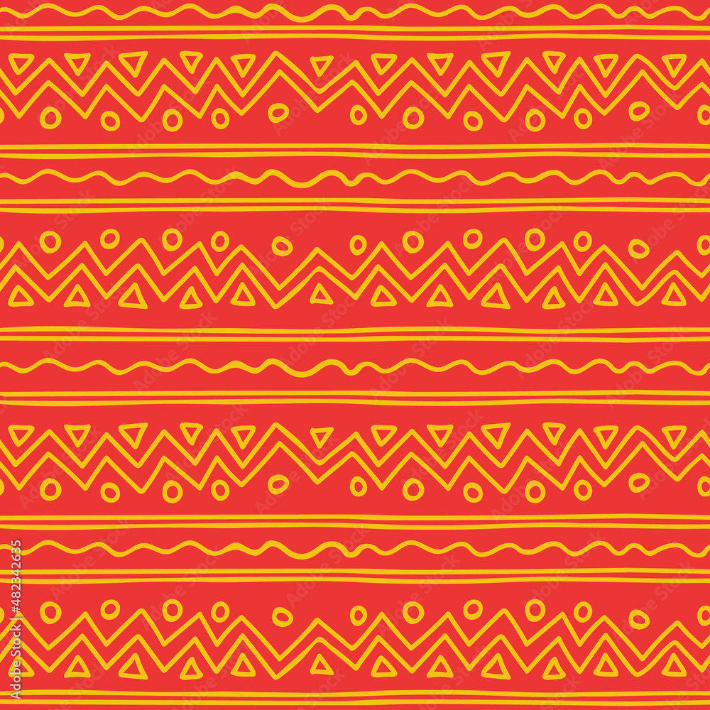 Seamless pattern of African print. Ethnic ornament in cartoon style depicted on an orange background. Seamless pattern of African print. Ethnic ornament in cartoon style depicted on an orange background.