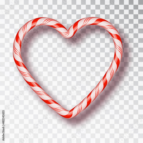 Heart made of candy cane. Heart shaped sweet candy isolated on transparent background