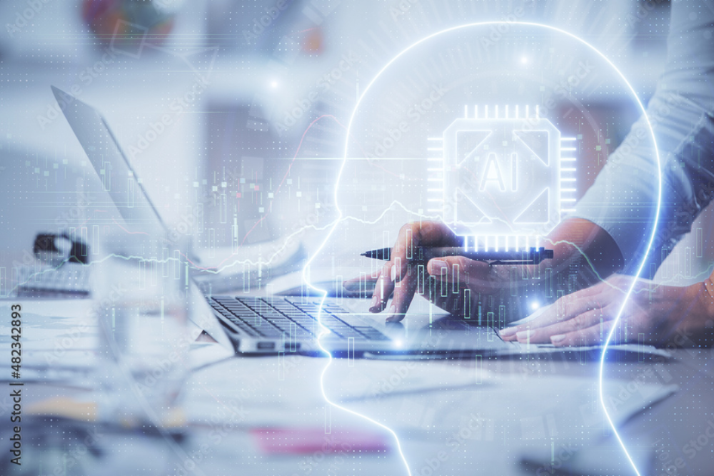 Double exposure of woman hands working on computer and brain hologram drawing. Ai concept. Double exposure of woman hands working on computer and brain hologram drawing. Ai concept.