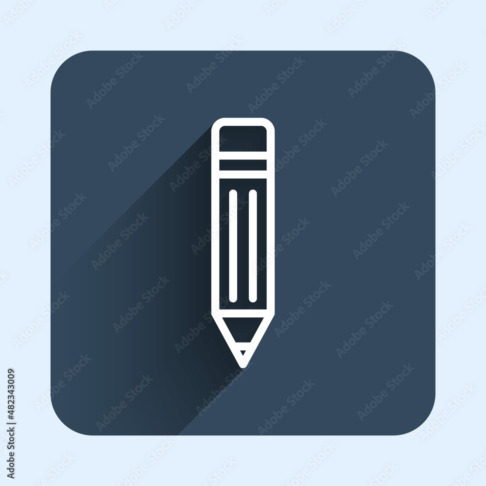 White line Pencil with eraser icon isolated with long shadow background. Drawing and educational tools. School office symbol. Blue square button. Vector White line Pencil with eraser icon isolated with long shadow background. Drawing and educational tools. School office symbol. Blue square button. Vector