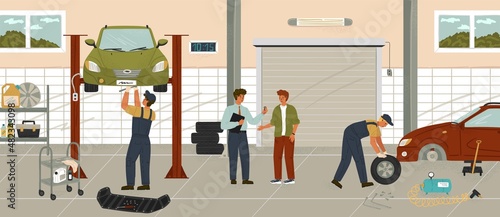 Car repair service and auto mechanic garage. Cartoon vector posters set. Man fix broken car and change tires and oil. Auto tuning workshop. Mechanic talks to customer