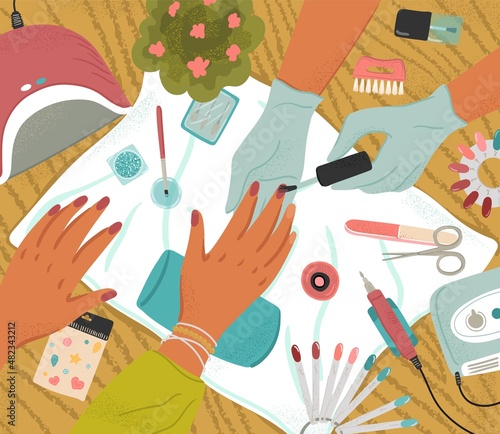 Woman doing manicure in beauty salon. Vector cartoon poster illustration. Woman hand with painted nails. Nail spa and beauty treatment. Manicure and pedicure tools