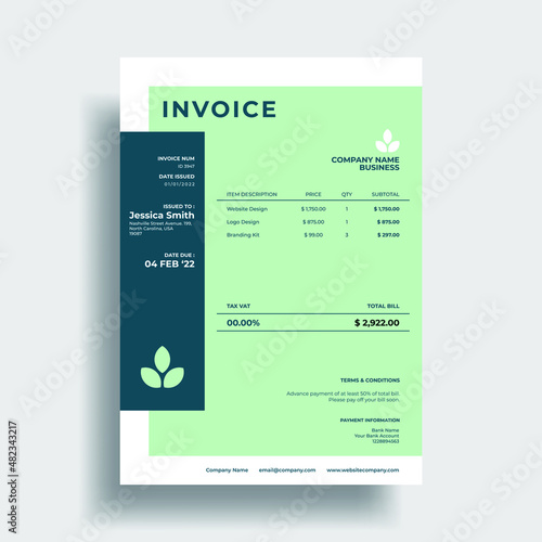 Modern and simple green and blue color invoice design template