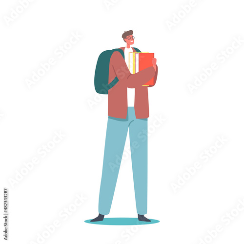 Young Man Student Character in Glasses with Backpack and Books. Male Character Gaining Education Knowledge Concept