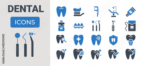 Dental related vector glyph icons set. Included icons dental chair, tooth paste, dental tools, dental floss, caries, toothbrush, toothpaste, toothache, implant. Isolated on white background