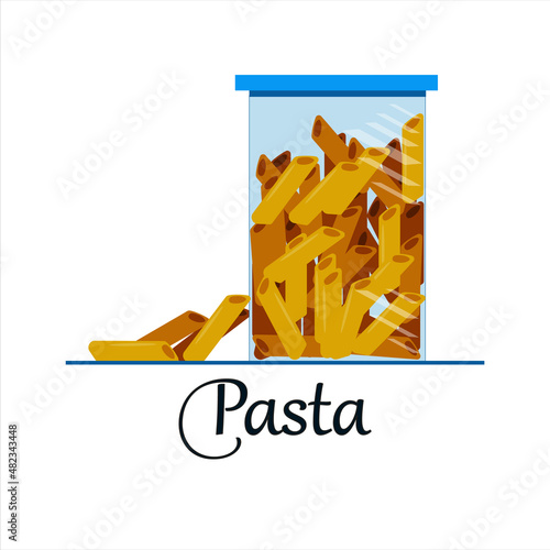 dry pasta, tubules, in a glass jar for cooking delicious dishes