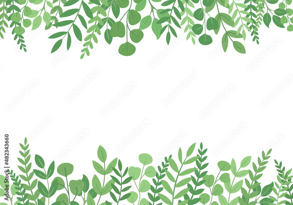 Obraz premium Decorative borders with foliage. Floral greeting card with place for text. Template for invitation card with forest leaves. Vector illustration