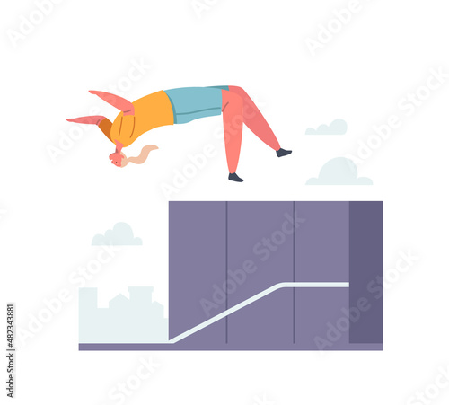 Extreme Parkour Stunts, Young Woman Making Dangerous Trick Jump from Parapet over the Back on City Street, Urban Sport
