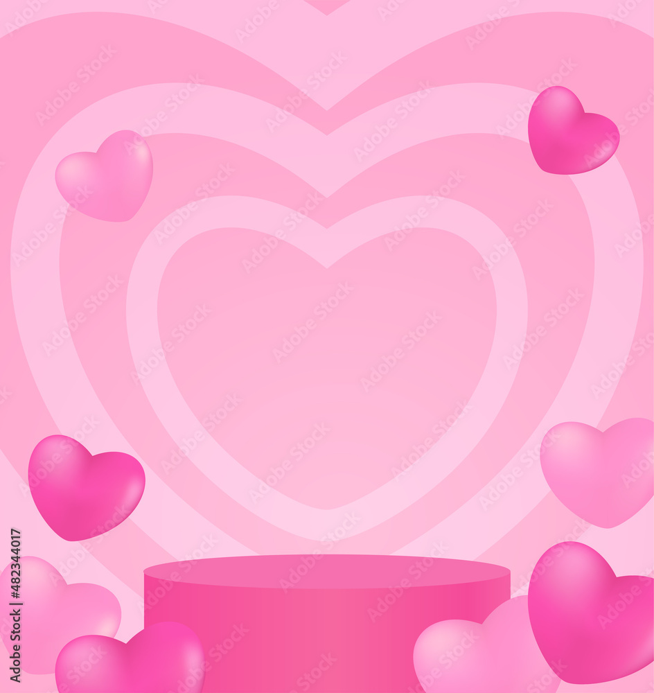 Podium mock-up banner Valentine and love concept.  Pink hearts on pink background. Design for product, branding, and packaging presentation. vector.