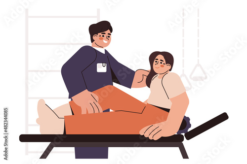 Flat doctor physiotherapy help patient to recover leg, knee after injury. Physical therapy specialist improve regain joint mobility after surgery. Treatment and rehab in rehabilitation center concept.