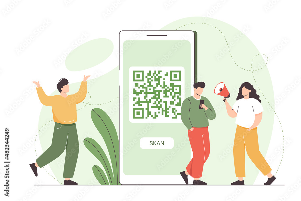 Flat man with mobile phone scanning qr code for online payment and ...