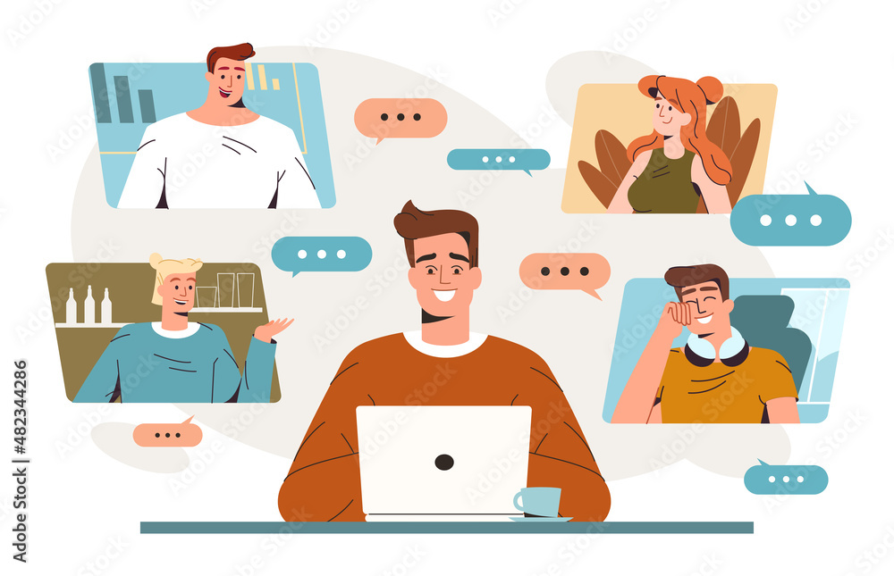 Fototapeta premium Flat man with laptop have videoconference with colleagues, clients or friends. Online meeting, web conferencing or virtual call with work team from home. Distant discussion or remote learning concept.