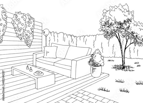 Backyard garden graphic landscape black white sketch illustration vector 