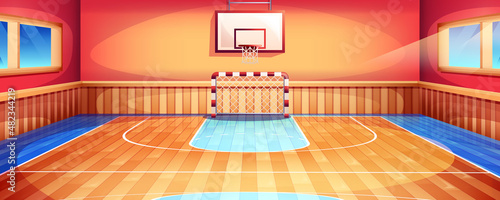 Cartoon school gym with gymnasium basketball court. Sport hall interior with windows, wooden floor, hoop and football goal. Soccer arena for exercises and active games. Empty training room with basket