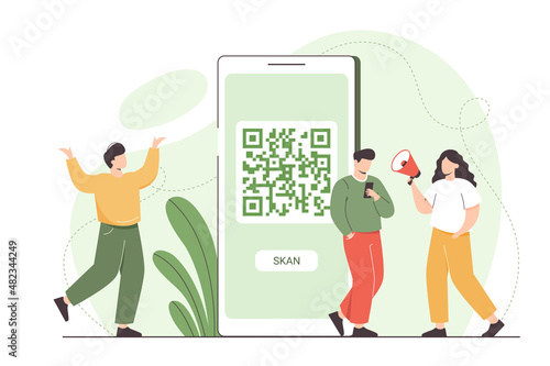 Flat man with mobile phone scanning qr code for online payment and internet shopping. Characters standing near big smartphone with qr symbol on device screen and using scanner id app for pay.