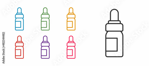Set line Essential oil bottle icon isolated on white background. Organic aromatherapy essence. Skin care serum glass drop package. Set icons colorful. Vector