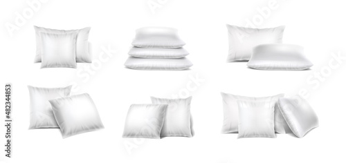 3d realistic vector icon set. Colllection of white pillows in stack in different orientation. Mock up icon.
