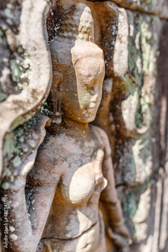 Wall sculpture in ancient Preah Khan temple in Angkor