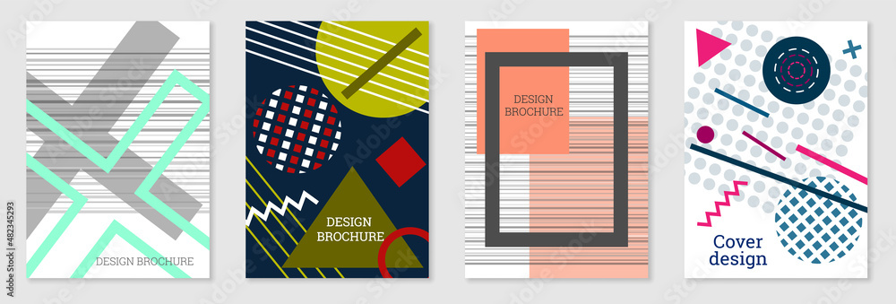 Set of cover design in Memphis style. Geometric design, abstract background. Fashionable bright cover, banner, poster, booklet. Creative colors. Set of cover design in Memphis style. Geometric design, abstract background. Fashionable bright cover, banner, poster, booklet. Creative colors.