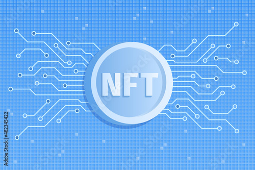 NFT nonfungible token text on golden coin. Pay for unique collectibles in games or art.