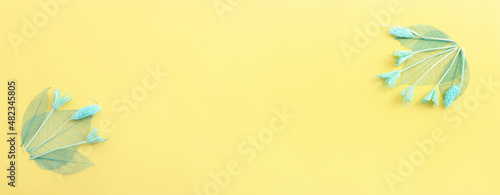Top view image of forest natural composition over yellow background .Flat lay