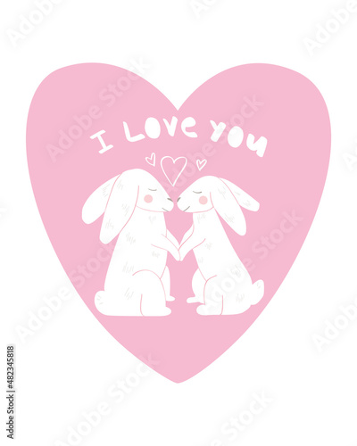 White bunnies in pink heart. Two rabbits holding hands. Lovely couple in love. Romantic vector illustration for happy lovers day. Flat style. Great for postcard on valentine's day.