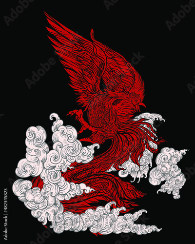 Phoenix Fire bird illustration and character design.Hand drawn Phoenix tattoo Japanese and Chinese style,Legend of the Firebird is Russian fairy tales and it is creature from Slavic folklore.