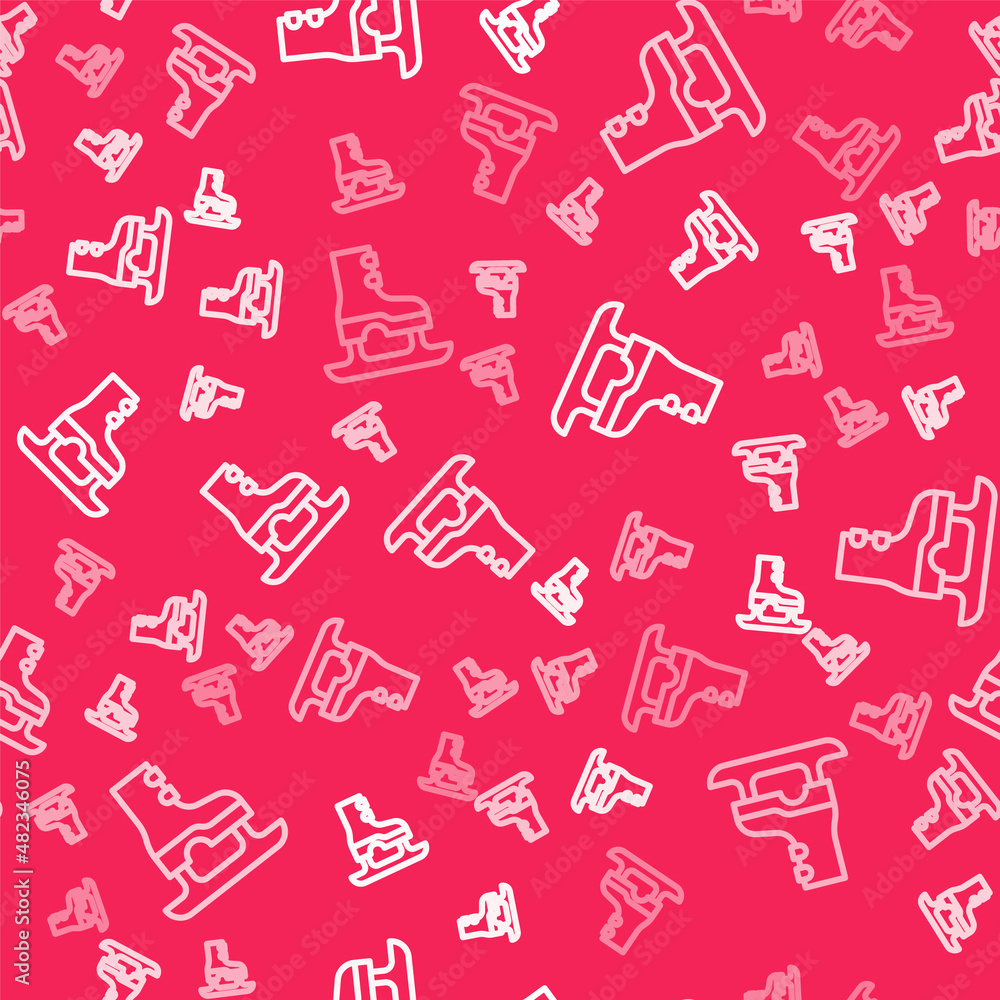 White line Skates icon isolated seamless pattern on red background. Ice skate shoes icon. Sport boots with blades. Vector White line Skates icon isolated seamless pattern on red background. Ice skate shoes icon. Sport boots with blades. Vector