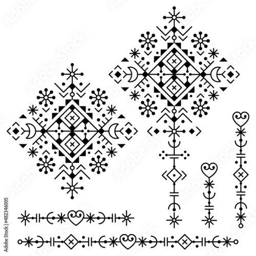 Nordic minimalist geometric tribal line art vector design set - square and long, ornamental patterns collection inspired by Icelandic Viking rune art
