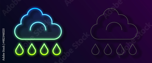 Glowing neon line Cloud with rain icon isolated on black background. Rain cloud precipitation with rain drops. Vector